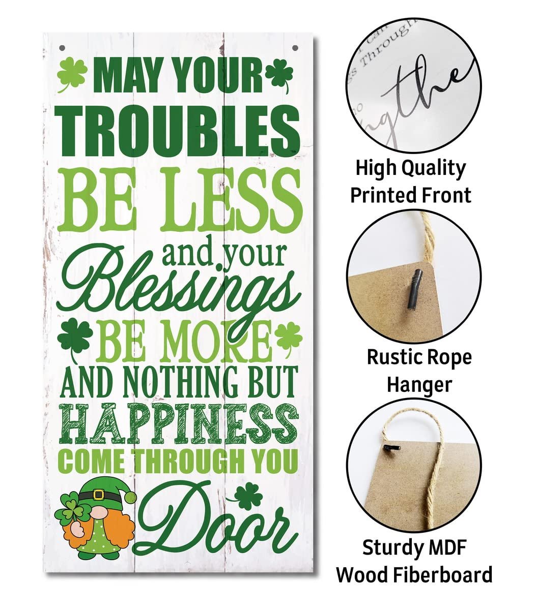 MDF hanging sign with Irish prayer and St. Patrick's Day gnome graphic, with inset images of product details.