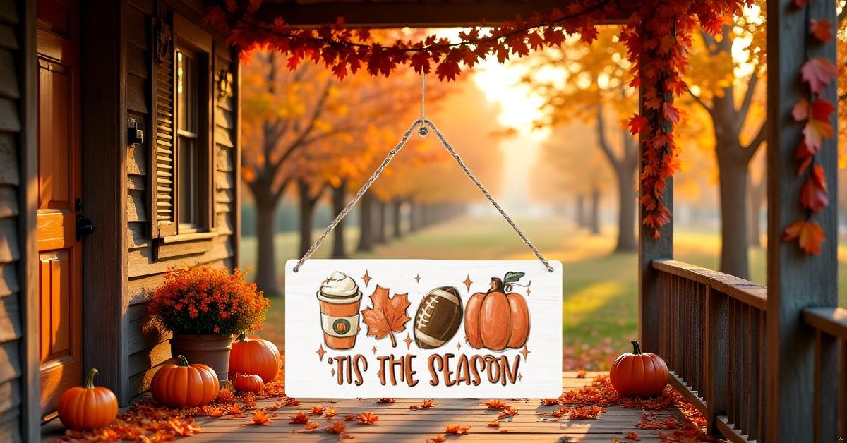 Wooden fall hanging sign with coffee cup, football, pumpkin, and maple leaf graphic, reads 'Tis the Season'.