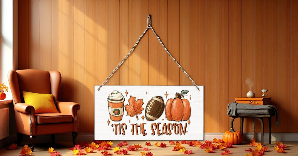 Wooden fall hanging sign with coffee cup, football, pumpkin, and maple leaves, reading 'Tis the Season.