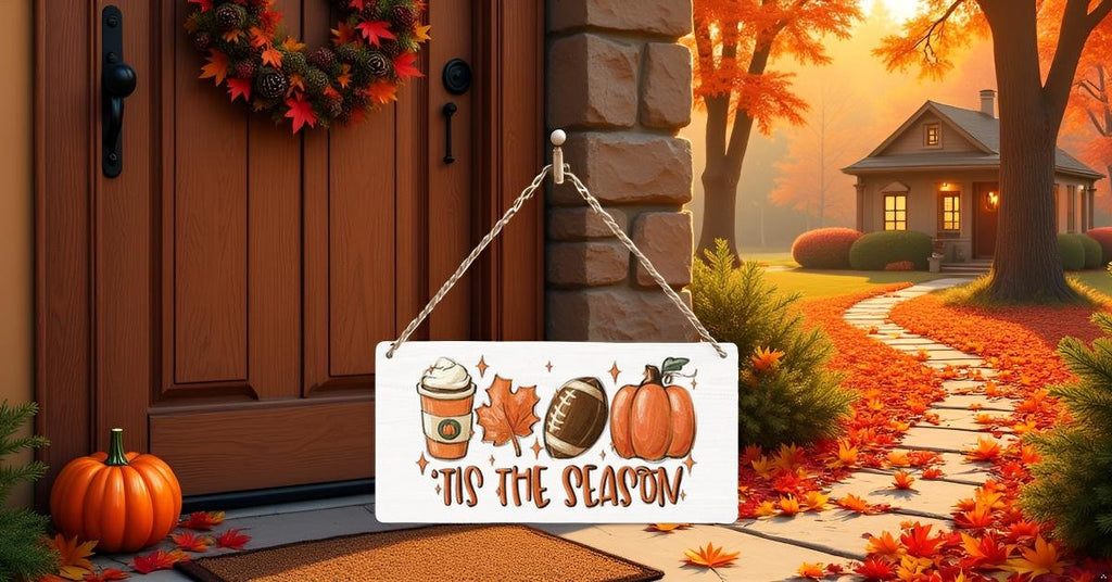 Fall hanging sign with coffee cup, leaf, football, and pumpkin, displayed on a front door with autumn foliage and a house in the background.