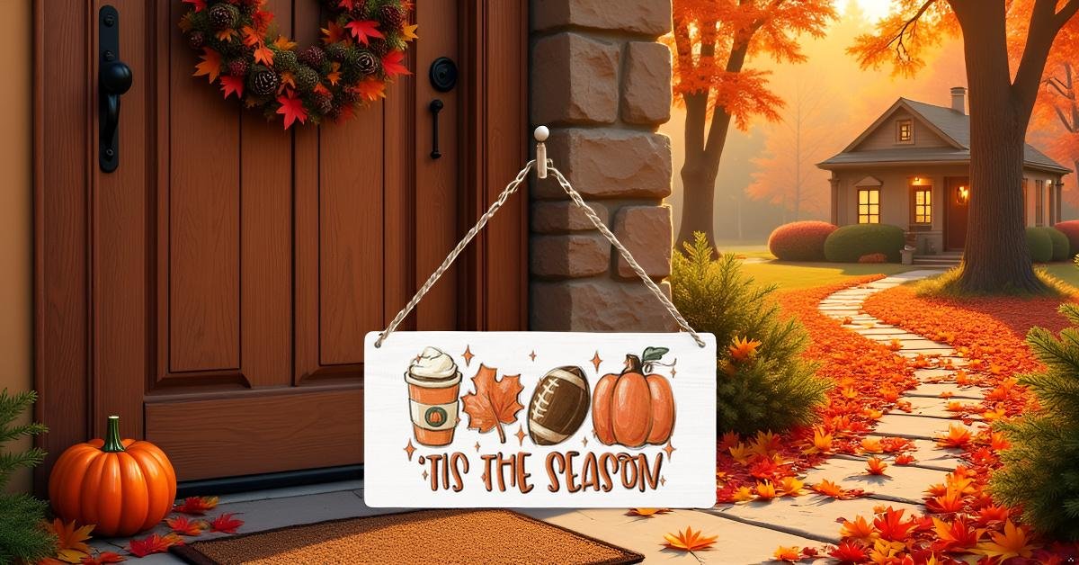 Fall hanging sign with coffee cup, leaf, football, and pumpkin, displayed on a front door with autumn foliage and a house in the background.