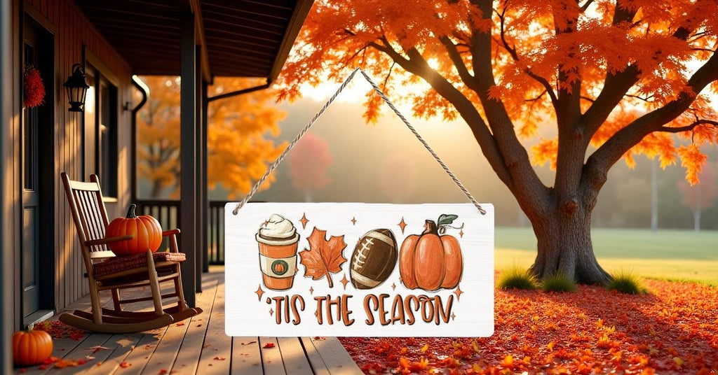 Fall hanging sign with coffee cup, football, pumpkin, and maple leaf graphic, on a porch with autumn foliage.