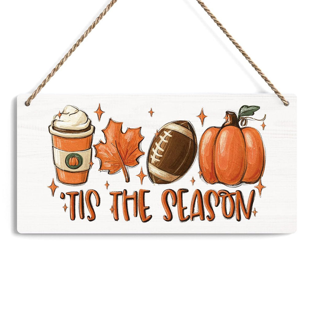 Wooden fall hanging sign with pumpkin spice latte, maple leaf, football, and pumpkin illustration.