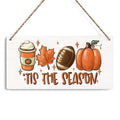 Wooden fall hanging sign with pumpkin spice latte, maple leaf, football, and pumpkin illustration.