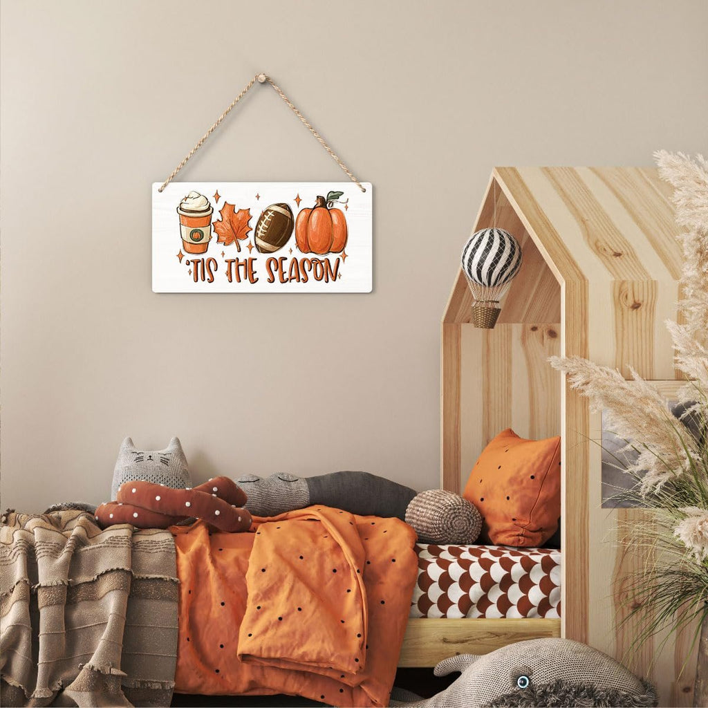 Wooden fall hanging sign with coffee cup, maple leaf, football, and pumpkin, reads 'Tis the Season