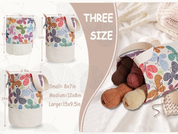 Three butterfly print yarn storage bags shown with dimensions and one bag filled with yarn skeins.