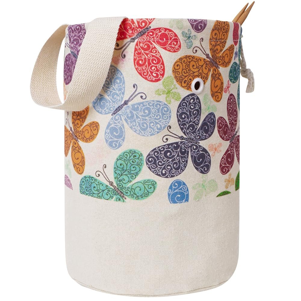 Canvas knitting and crochet storage organizer bag with colorful butterfly pattern and beige handles.