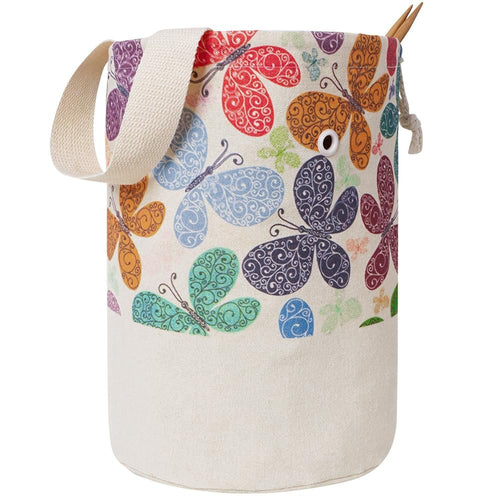 Canvas knitting and crochet storage organizer bag with colorful butterfly pattern and beige handles.