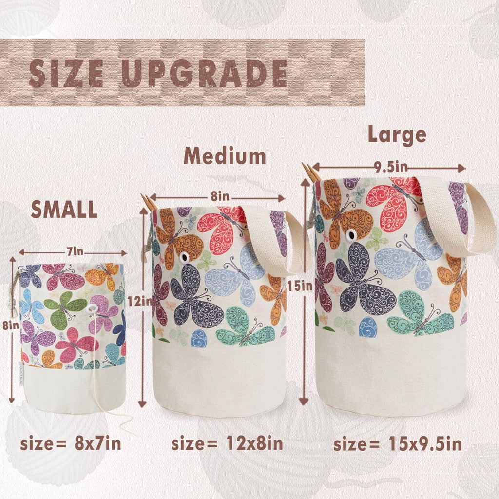 Three butterfly print yarn storage bags in small, medium, and large sizes, with dimensions labeled.