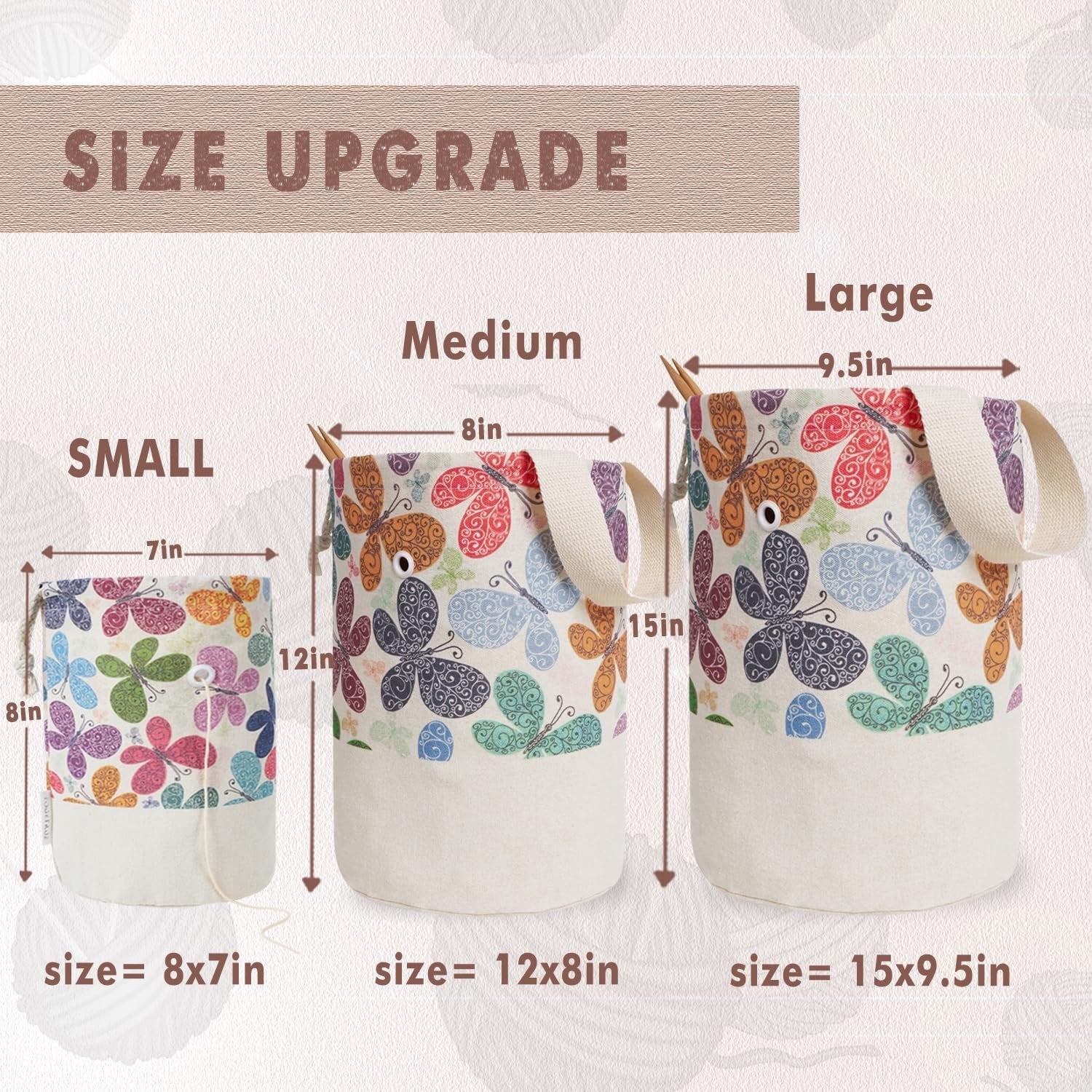 Three butterfly print yarn storage bags in small, medium, and large sizes, with dimensions labeled.