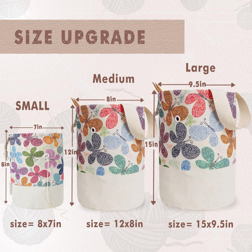 Three butterfly print yarn storage bags in small, medium, and large sizes, with dimensions labeled.
