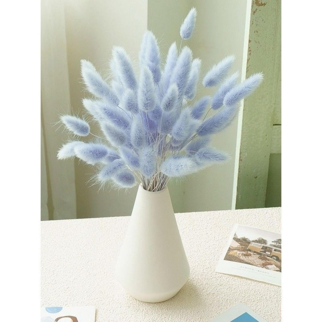 Bouquet of light blue bunny tail pampas grass in a white vase on a textured surface