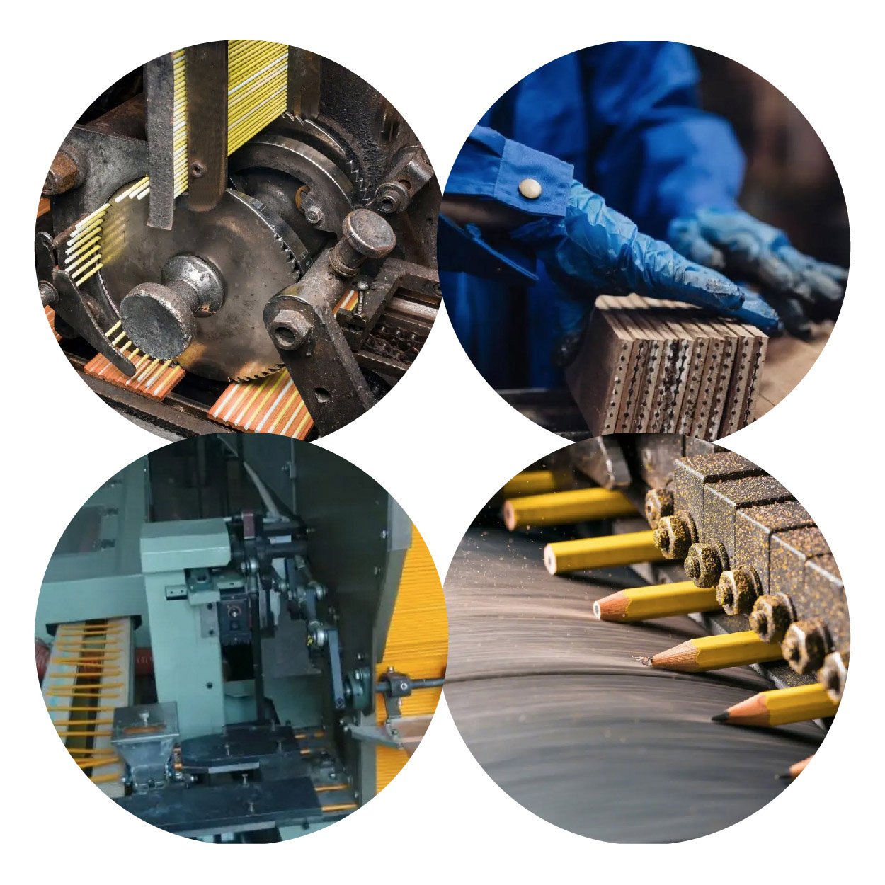 Collage of four circular images showing colored pencil manufacturing process: machinery cutting leads, hands assembling leads, automated machine inserting leads, and pencils being sharpened.