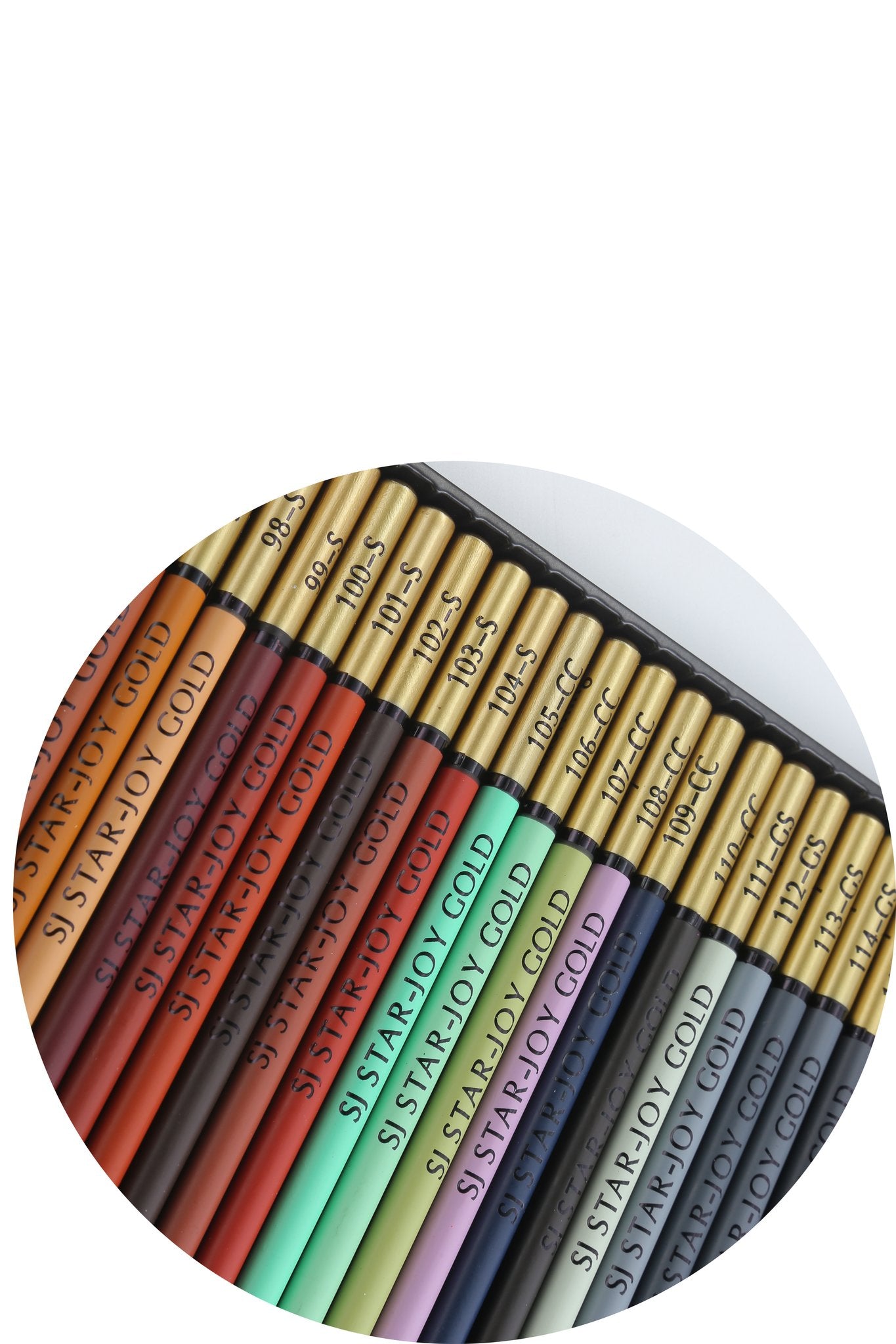 Close-up of a set of colored pencils in a tin box, showing the brand name and color numbers printed on the barrels.