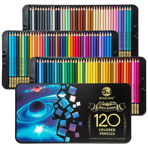 Set of 120 colored pencils in tin box, arranged in trays, showing a variety of colors.