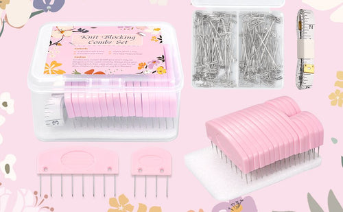 Pink knit blocking combs and T-pins kit with measuring tape on a floral background.
