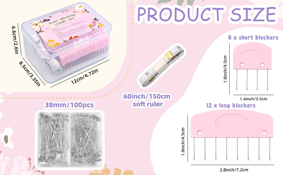 Knit blocking combs set with pins and measuring tape, showing product dimensions and contents.