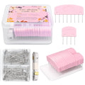 Knit blocking combs set with pink blockers, T-pins, and tape measure ruler in a clear case.