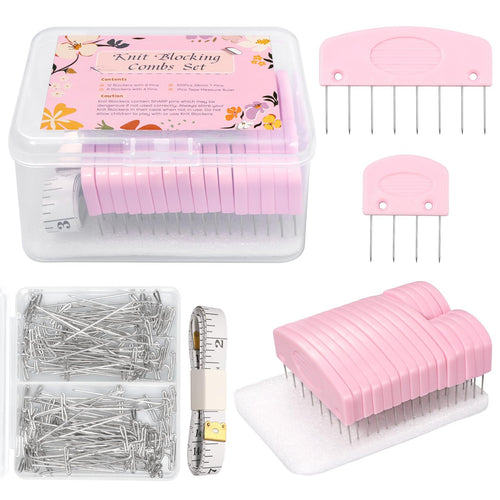 Knit blocking combs set with pink blockers, T-pins, and tape measure ruler in a clear case.