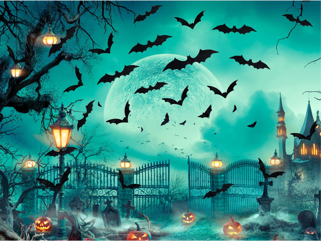 Halloween scene with black bats flying around a large moon, spooky trees, glowing jack-o'-lanterns, and a haunted castle in the background.