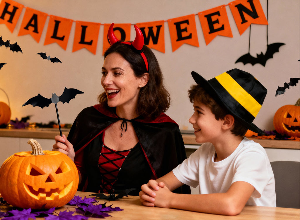 Woman in devil costume and boy in witch hat celebrate Halloween with carved pumpkin and banner