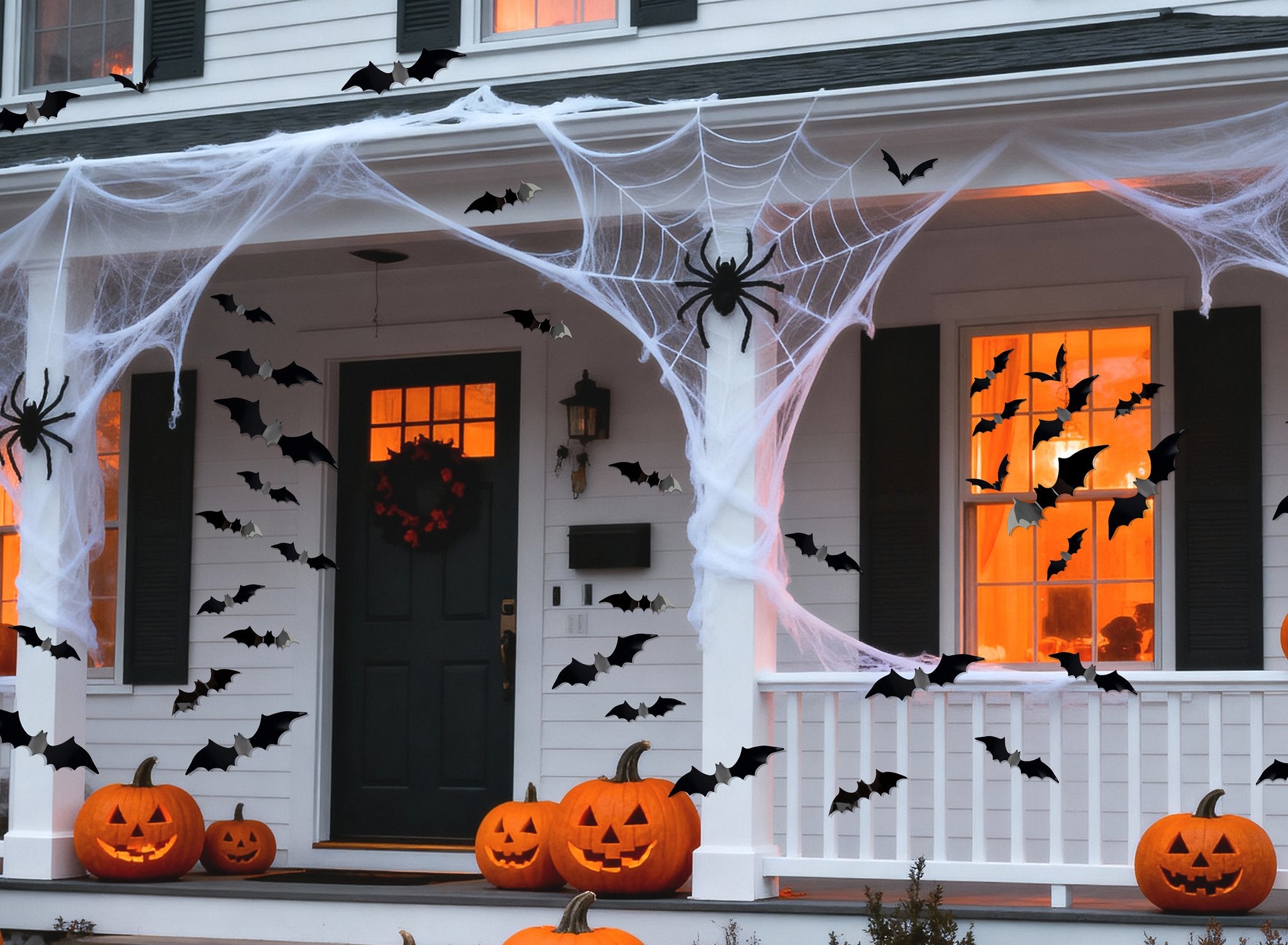 Halloween decorated house exterior with pumpkins, spider web, and black bat wall decals on porch and windows.