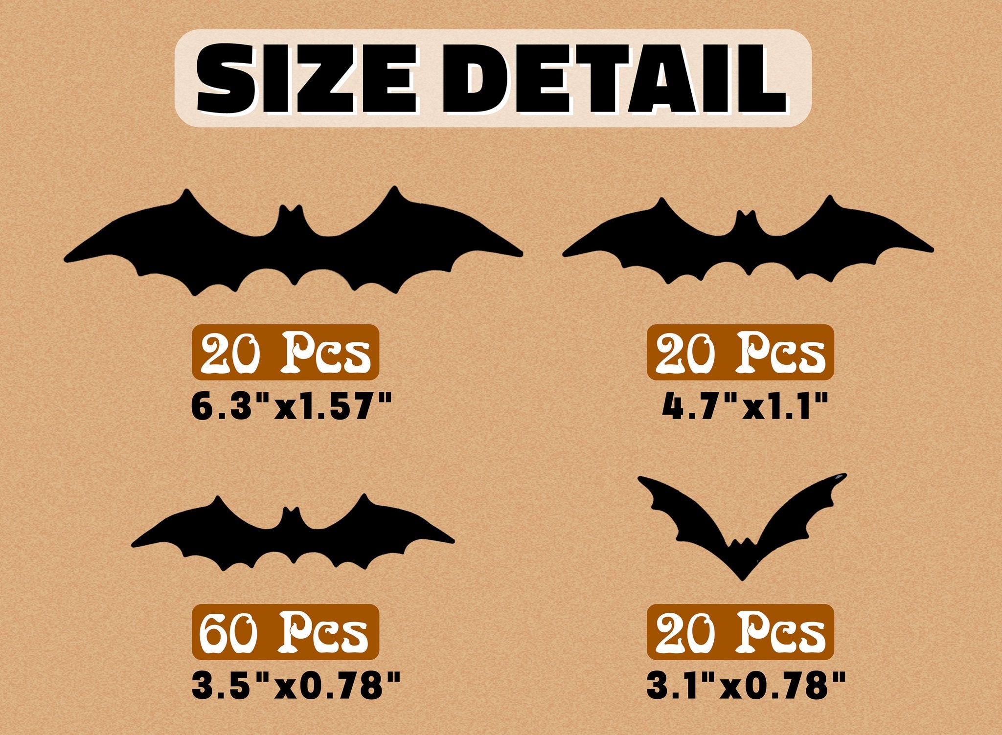 Four sizes of black bat wall decals shown with quantity and dimensions for each size.