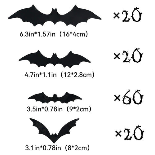 Four sizes of black bat wall decals shown with their respective quantities and dimensions.