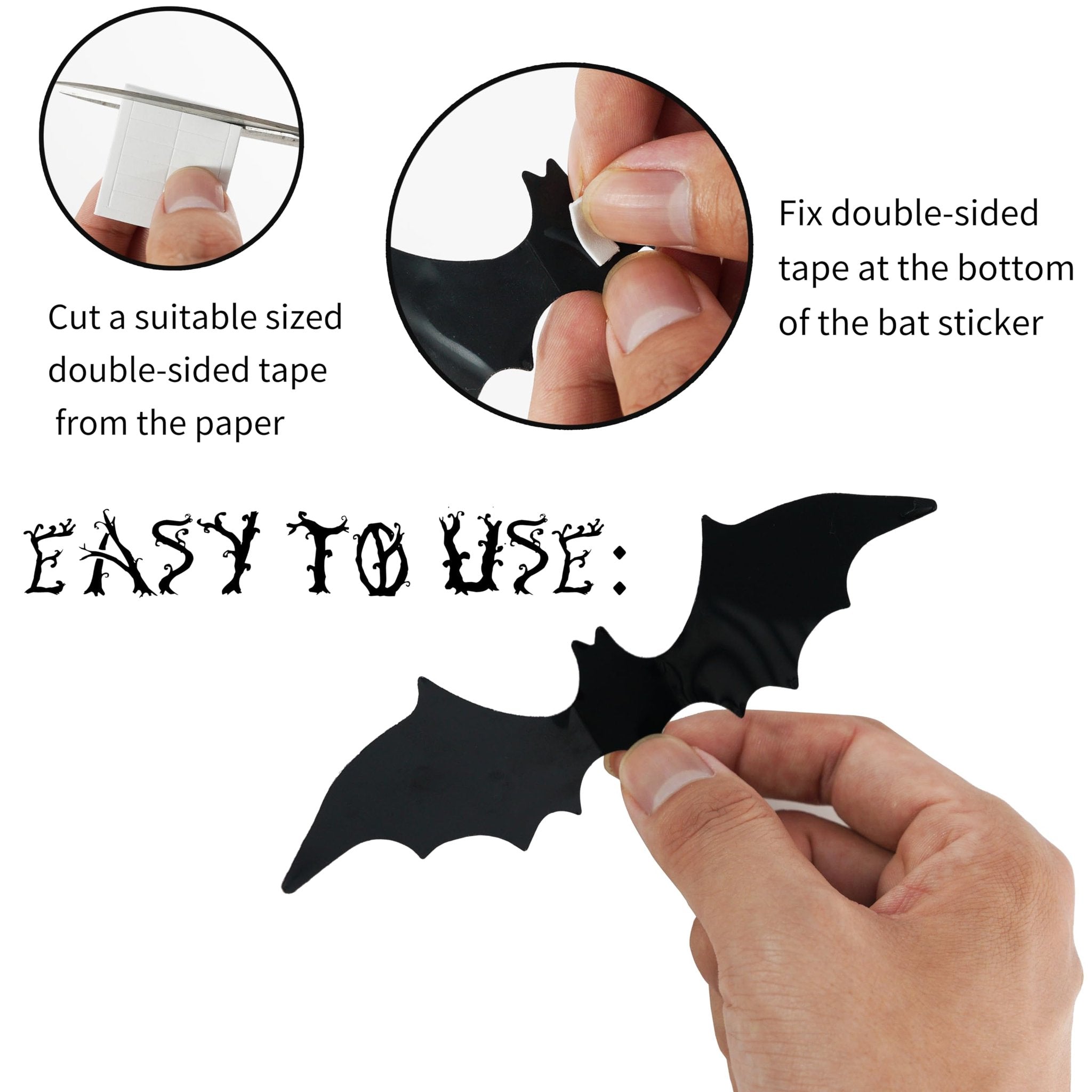 Black bat wall decal being prepared with adhesive tape, showing instructions on how to apply.