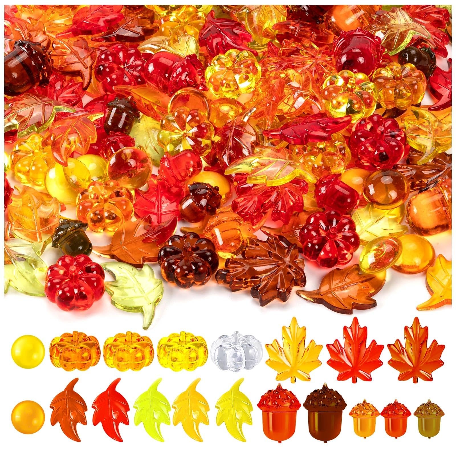 Acrylic fall vase filler set with pumpkins, leaves, acorns, and gems in various autumn colors.