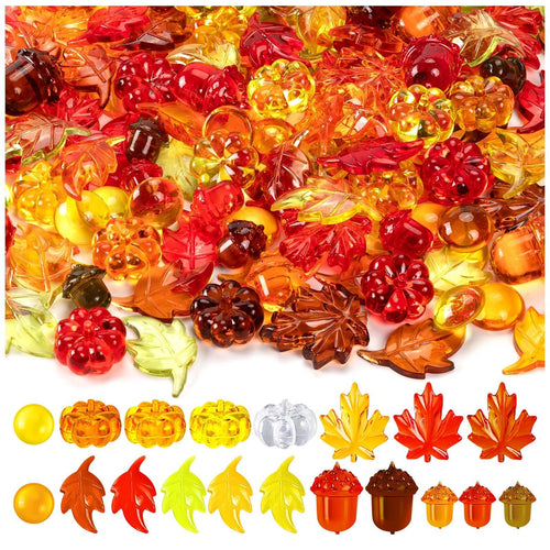 Acrylic fall vase filler set with pumpkins, leaves, acorns, and gems in various autumn colors.