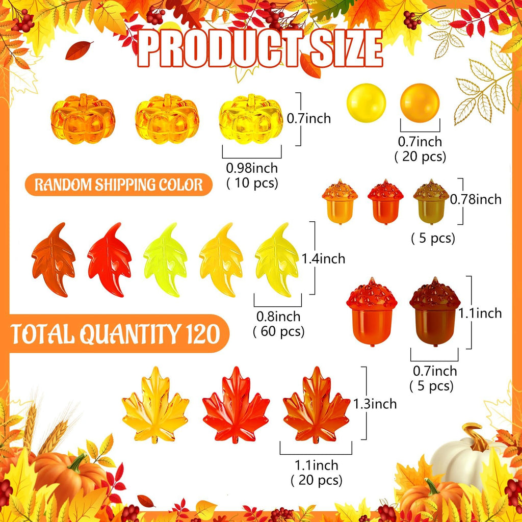Autumn vase filler set showing pumpkins, leaves, acorns, and gems with size and quantity details.