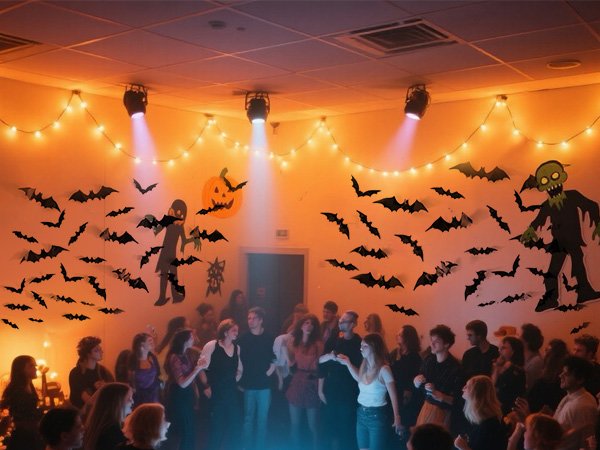 People celebrating Halloween party with black 3D bat wall stickers and decorations on the wall.