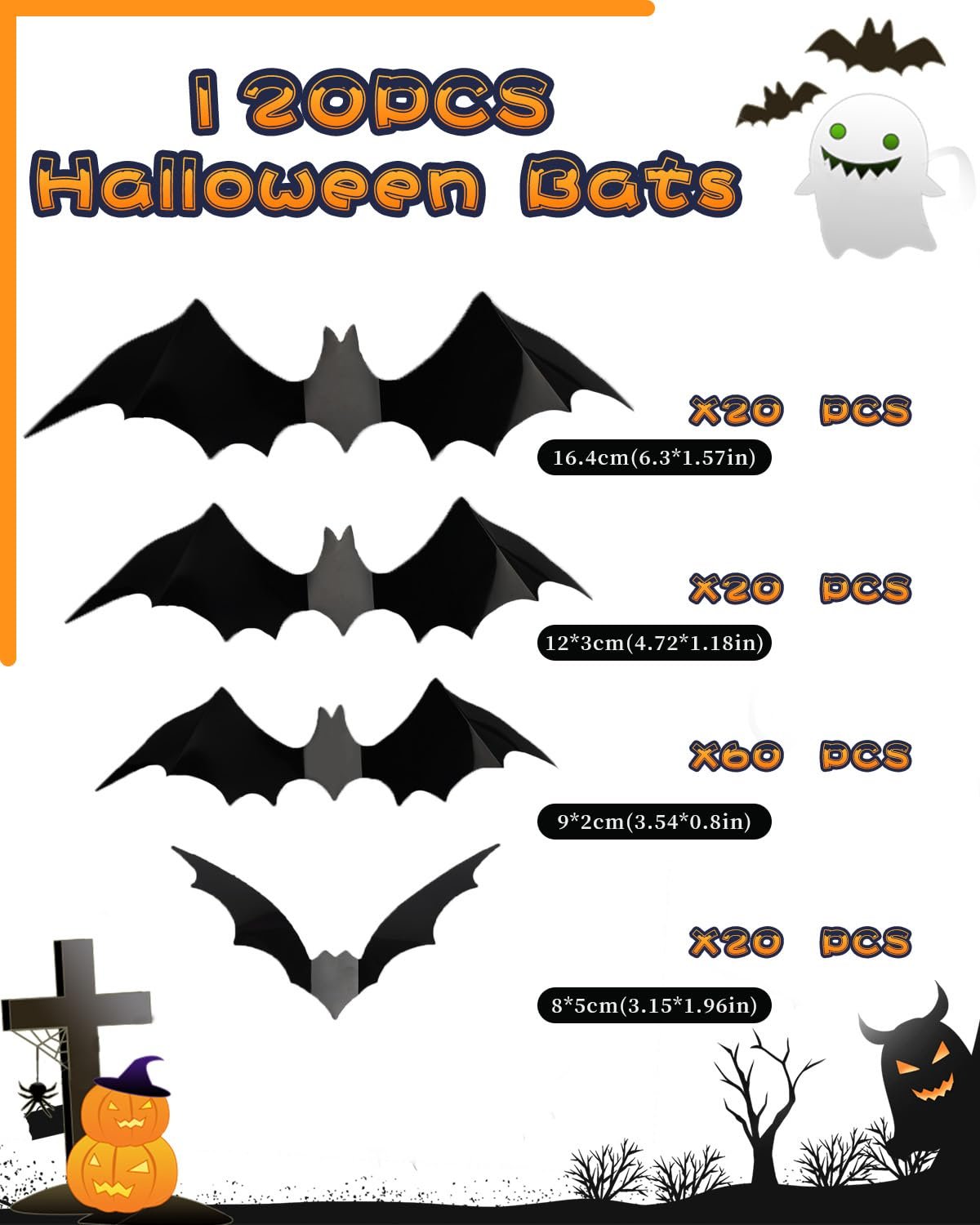 Four sizes of black 3D Halloween bat wall stickers displayed with quantity and dimensions