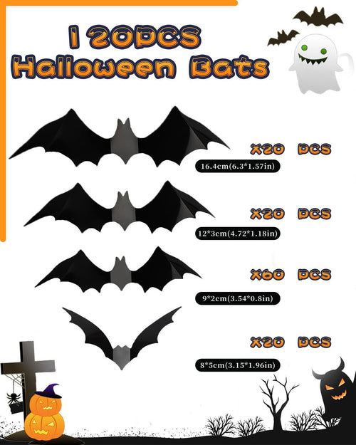 Four sizes of black 3D Halloween bat wall stickers displayed with quantity and dimensions
