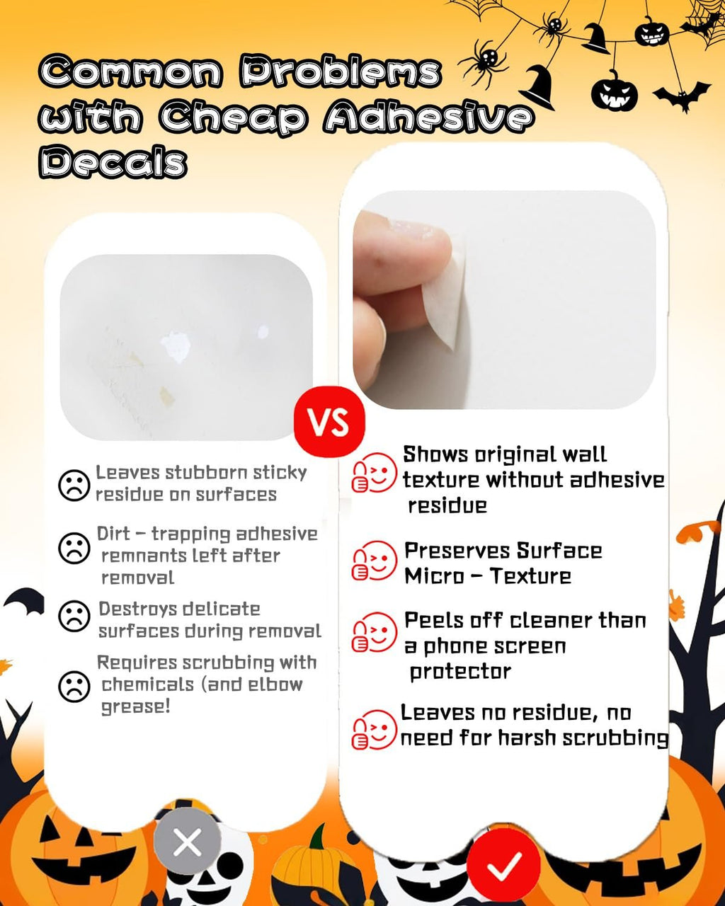 Comparison of cheap vs. quality adhesive decals showing residue vs. clean removal on walls.
