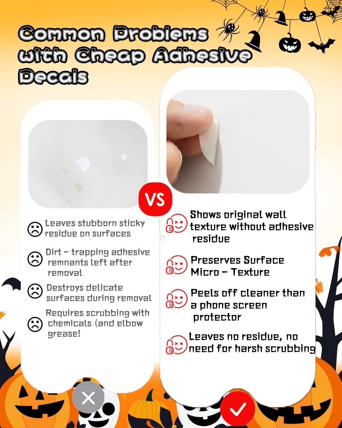 Comparison of cheap vs. quality adhesive decals showing residue vs. clean removal on walls.