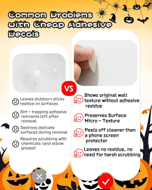 Comparison of cheap vs. quality adhesive decals showing residue vs. clean removal on walls.