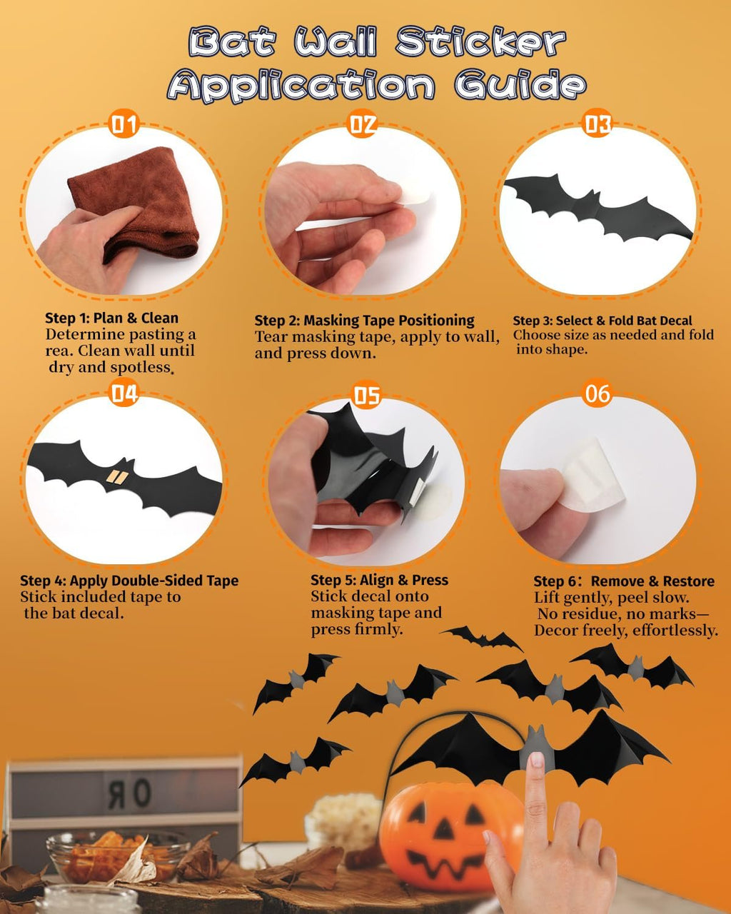 Halloween bat wall sticker application guide with six steps and decorative bats.