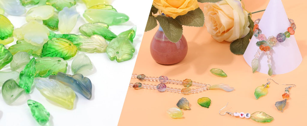 Assorted green and yellow glass leaf beads scattered on white and peach backgrounds with jewelry examples