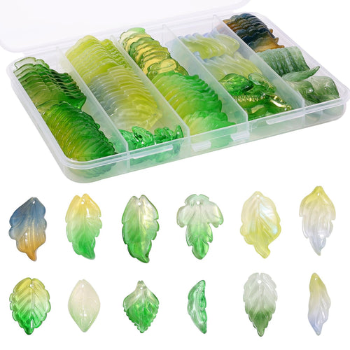 Assortment of 120 glass leaf beads in a divided plastic case and displayed individually.