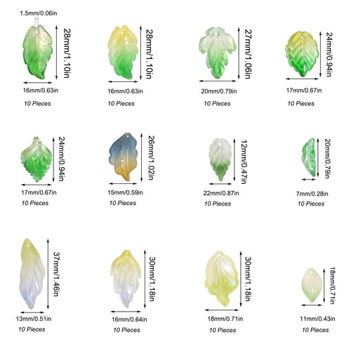 Assortment of 12 styles of Czech glass leaf beads with dimensions and quantity shown for each style.