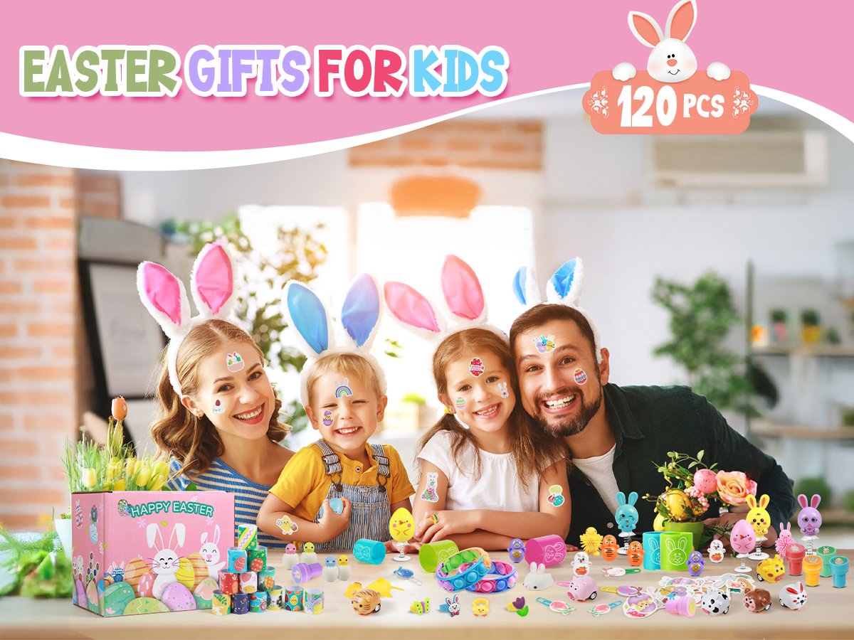 Family wearing bunny ears and Easter stickers, surrounded by Easter toys and a gift box.