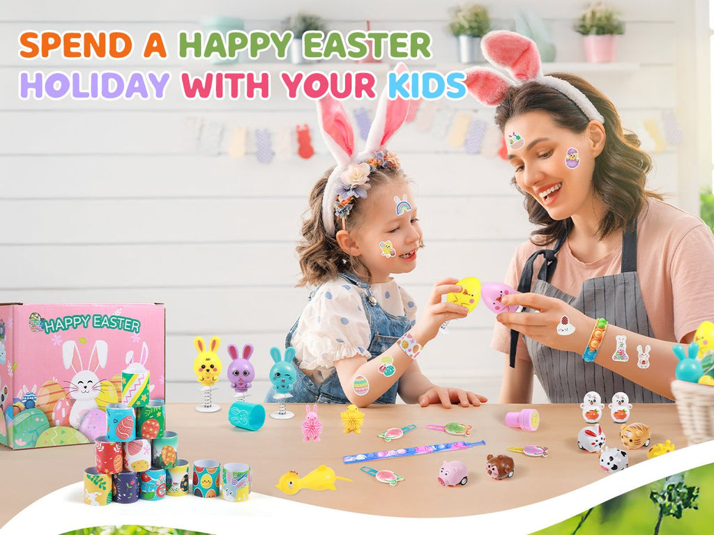 Mother and daughter enjoying Easter toys, with stickers and bracelets scattered on a table.