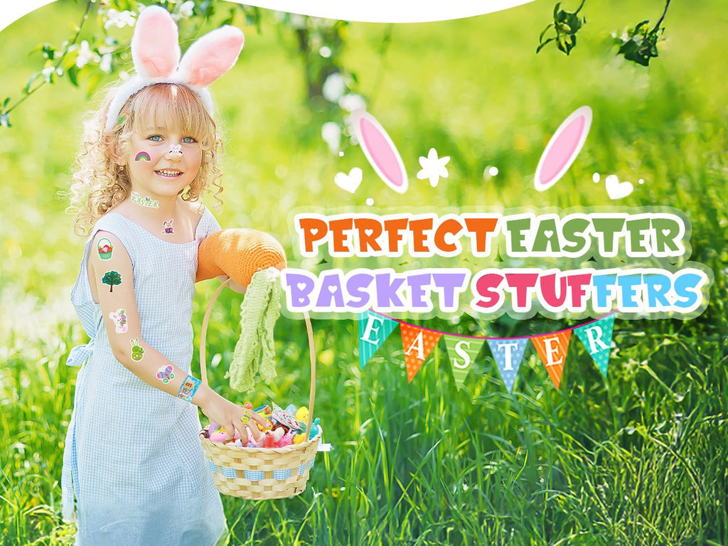 Young girl in Easter bunny ears holding a basket of toys, with overlay text 'PERFECT EASTER BASKET STUFFERS'