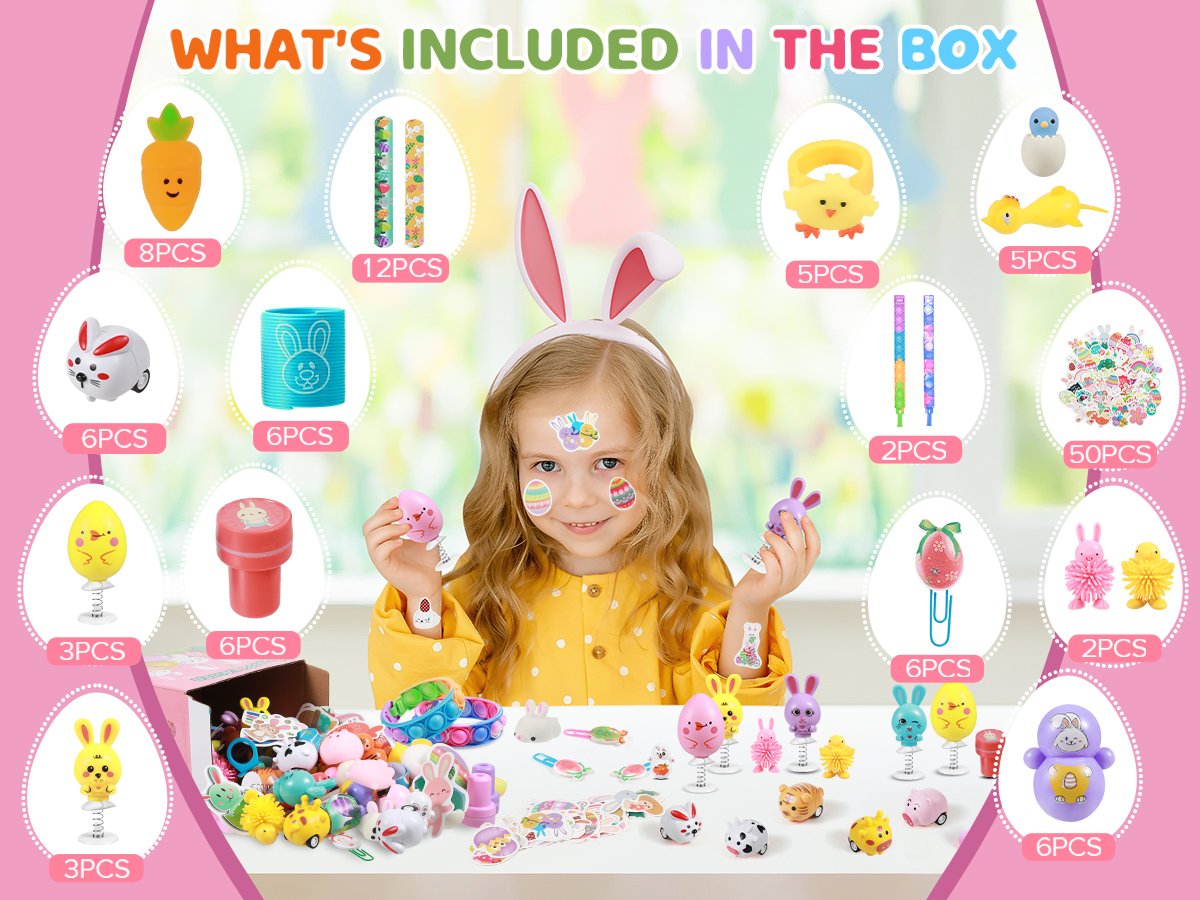 Easter toy set contents with a girl wearing bunny ears, showing various toys like stampers, stickers, squishies, and cars.