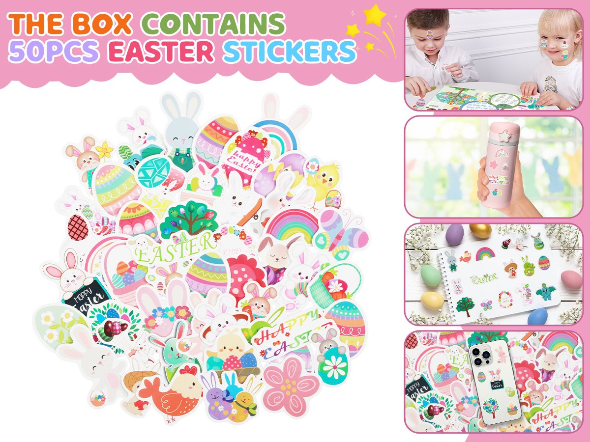 Collage of Easter-themed stickers featuring bunnies, eggs, chicks, and flowers, with lifestyle images of children applying stickers and decorated items.