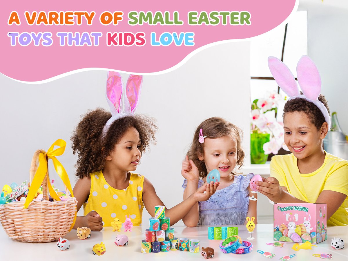 Children wearing Easter bunny ears playing with Easter toys including a basket, small figures, and a toy box.