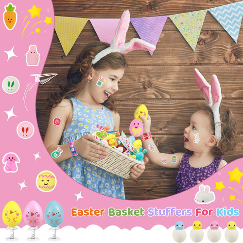 Two young girls with bunny ears holding a basket of Easter toys and wearing stickers.