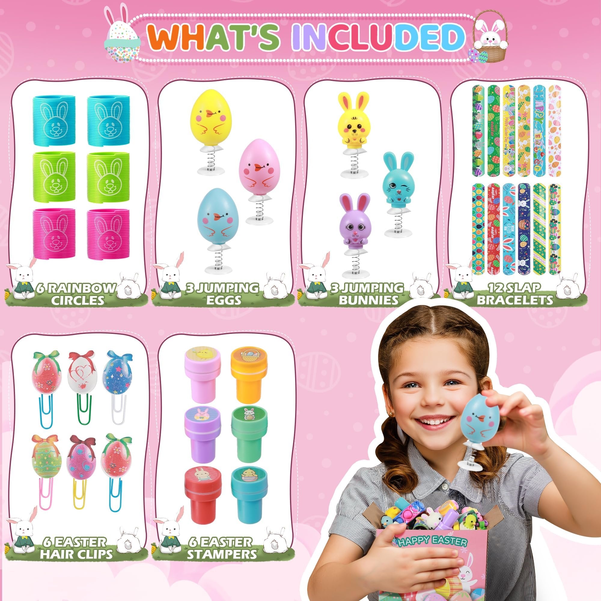 Easter toy set contents including rainbow circles, jumping eggs, jumping bunnies, slap bracelets, hair clips, and stampers, with a girl holding a jumping egg.